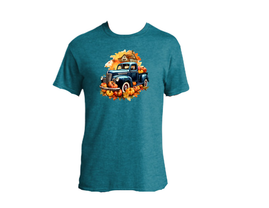 Old Blue Truck Pumpkins  T-shirt - Short Sleeved